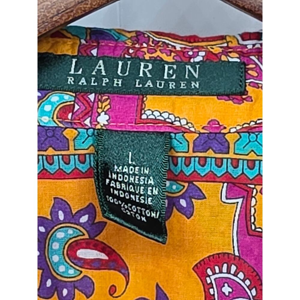 Lauren Ralph Lauren 100% Cotton Paisley Shirt L Bright Pink Orange Boho Coastal - Picture 8 of 9